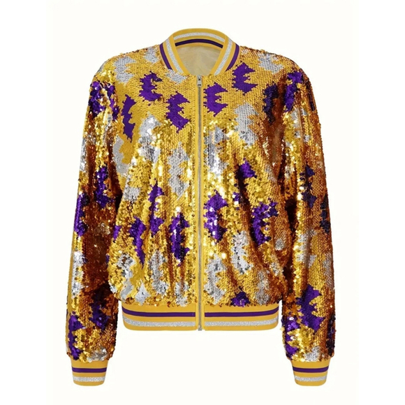 Gold, Purple and Silver Sequins Bomber Jacket - Picture 5 of 9
